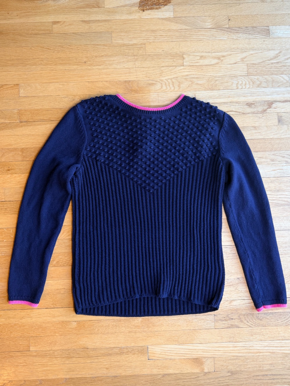 Talbots Navy Crewneck Sweater with Pink Trim size L 100% Cotton Textured Knit
